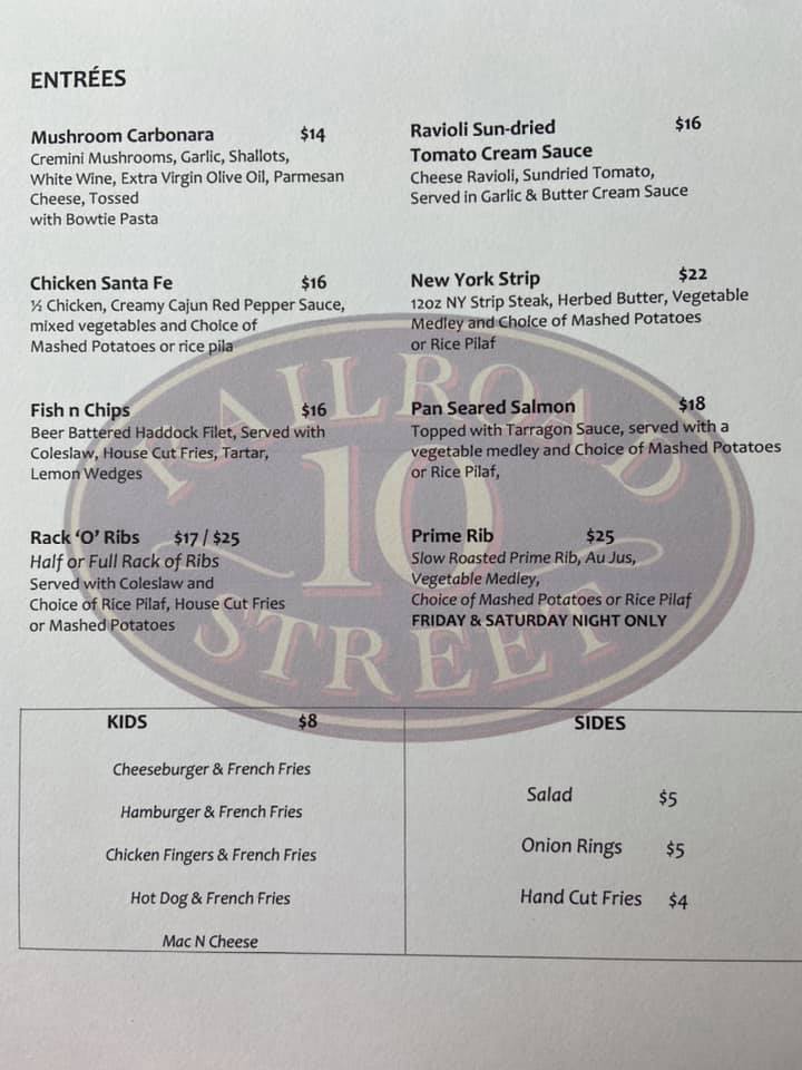 10 Railroad Street Menu