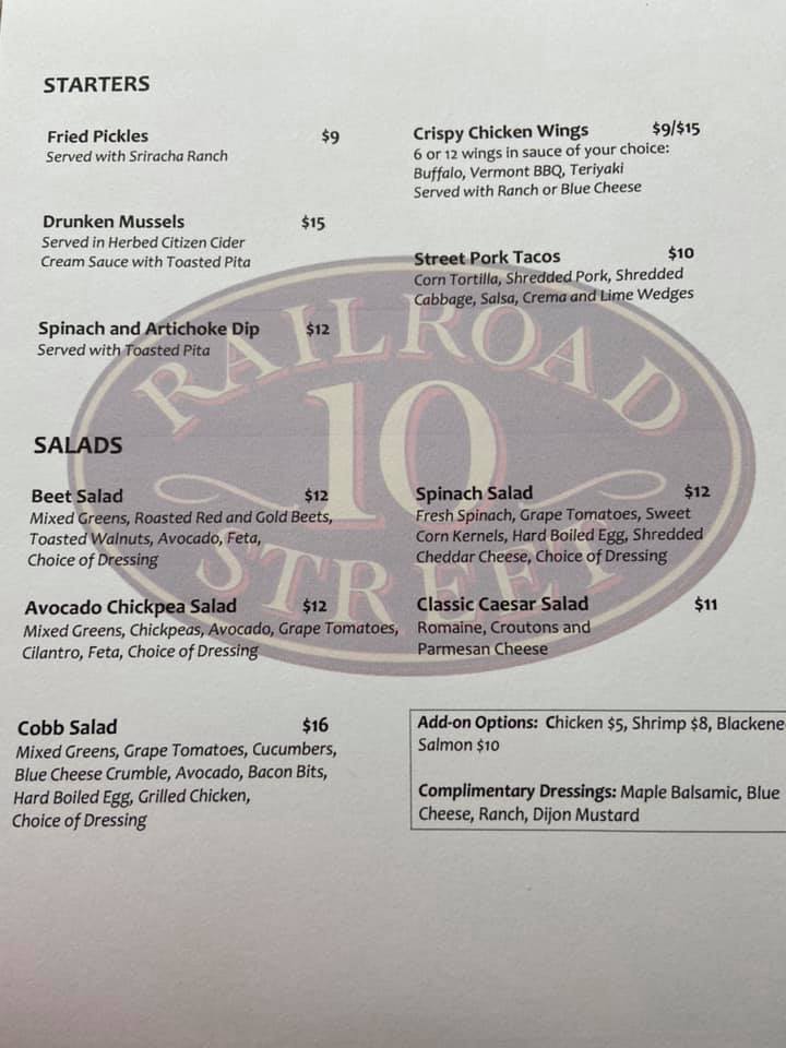 10 Railroad Street Menu