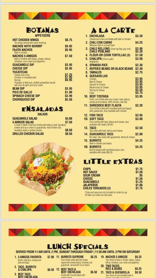 5 Amigos Menu