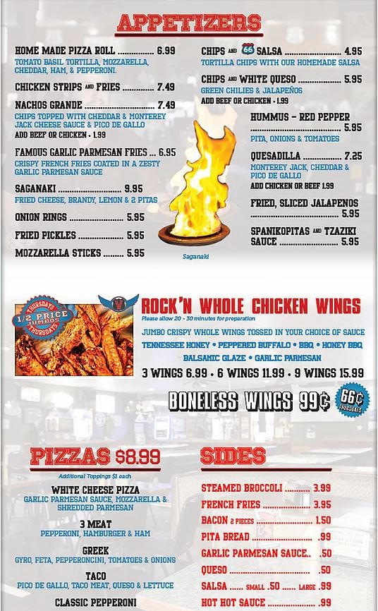 66 Sports Bar & Restaurant Menu