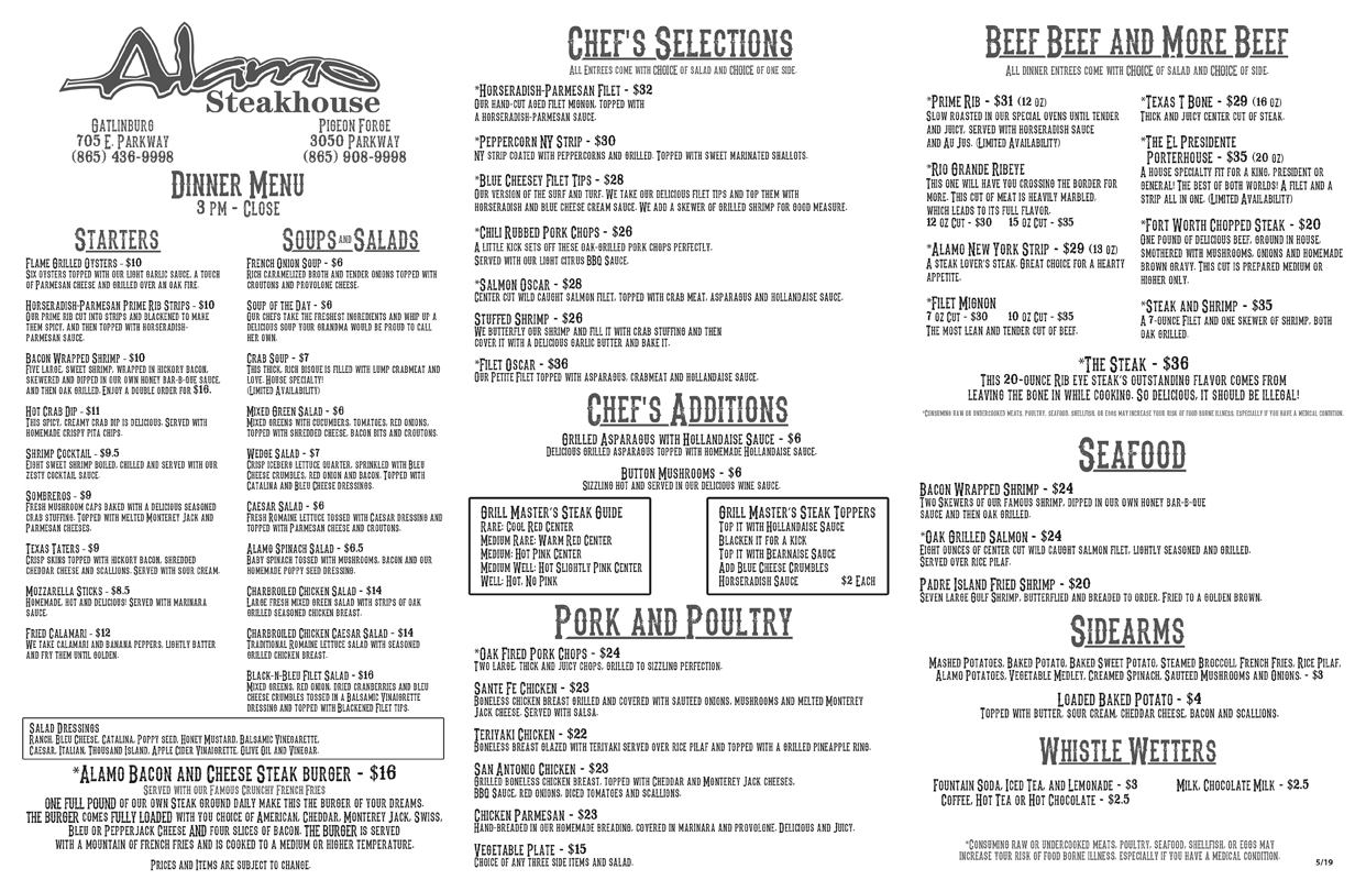 Alamo Steakhouse Gatlinburg Menu