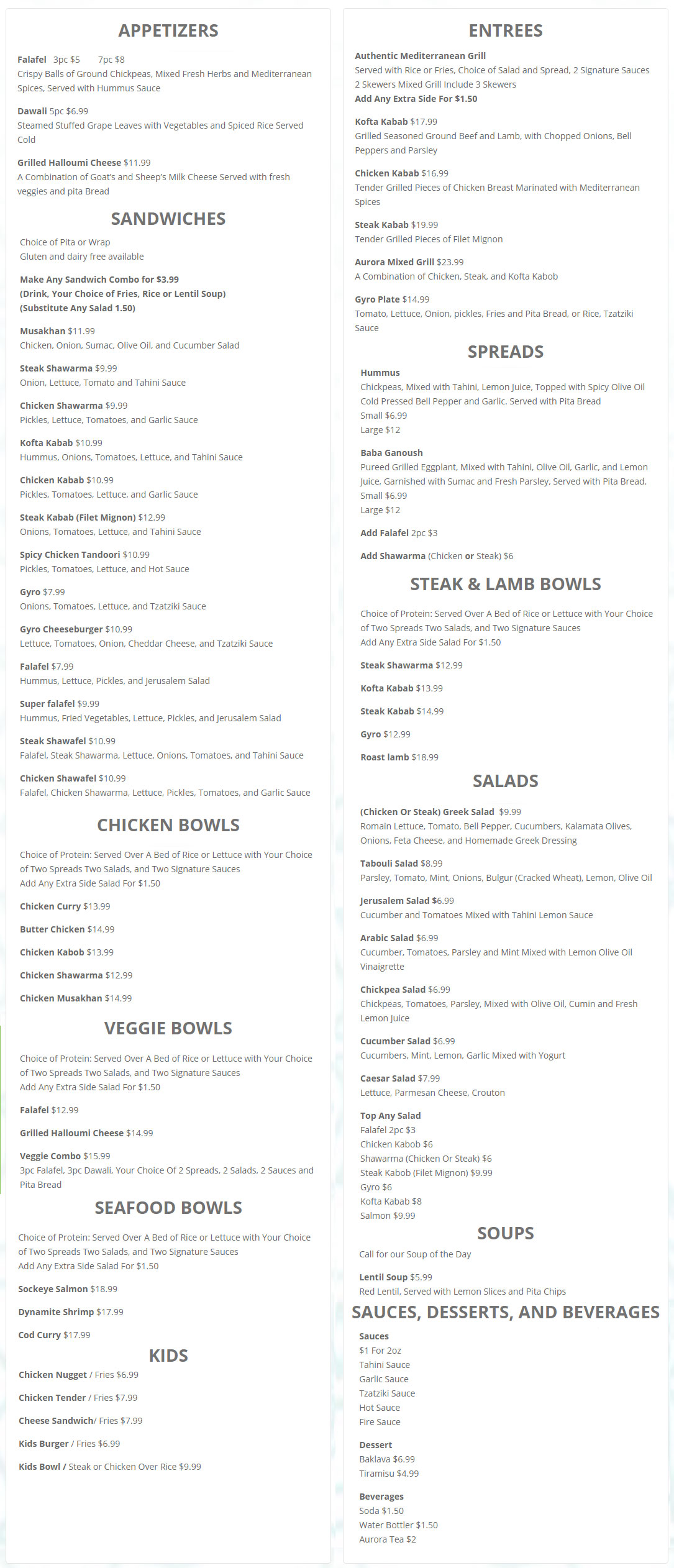 Aurora Restaurant Menu