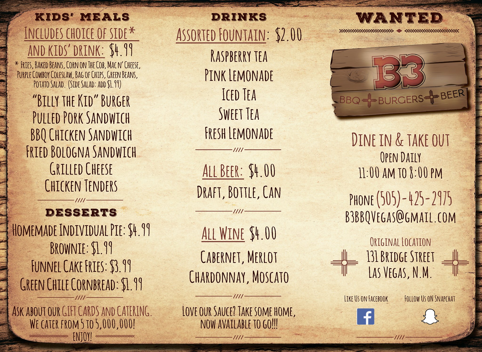 B3 BBQ Restaurant  Menu