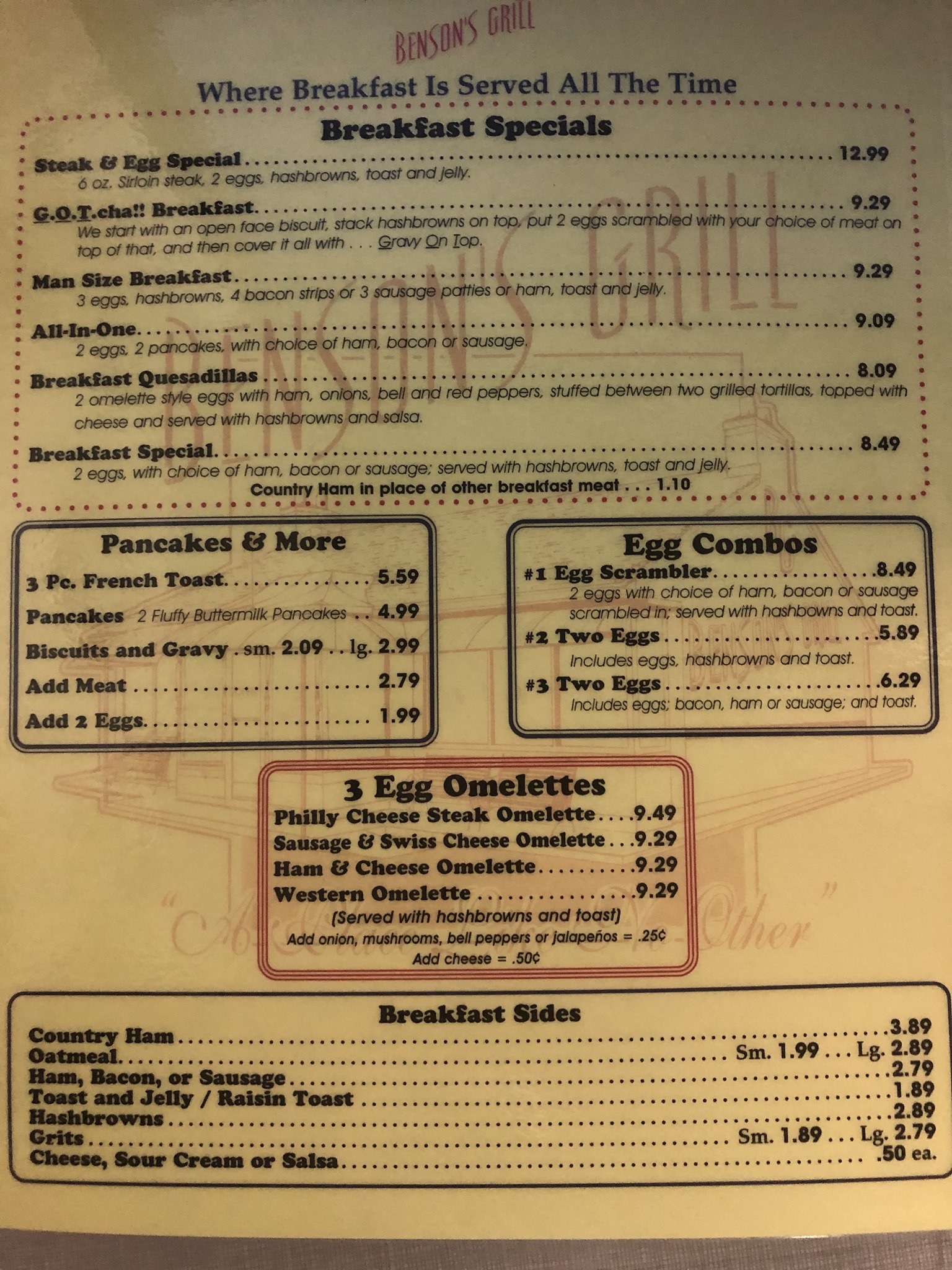 Bensons Grill Menu