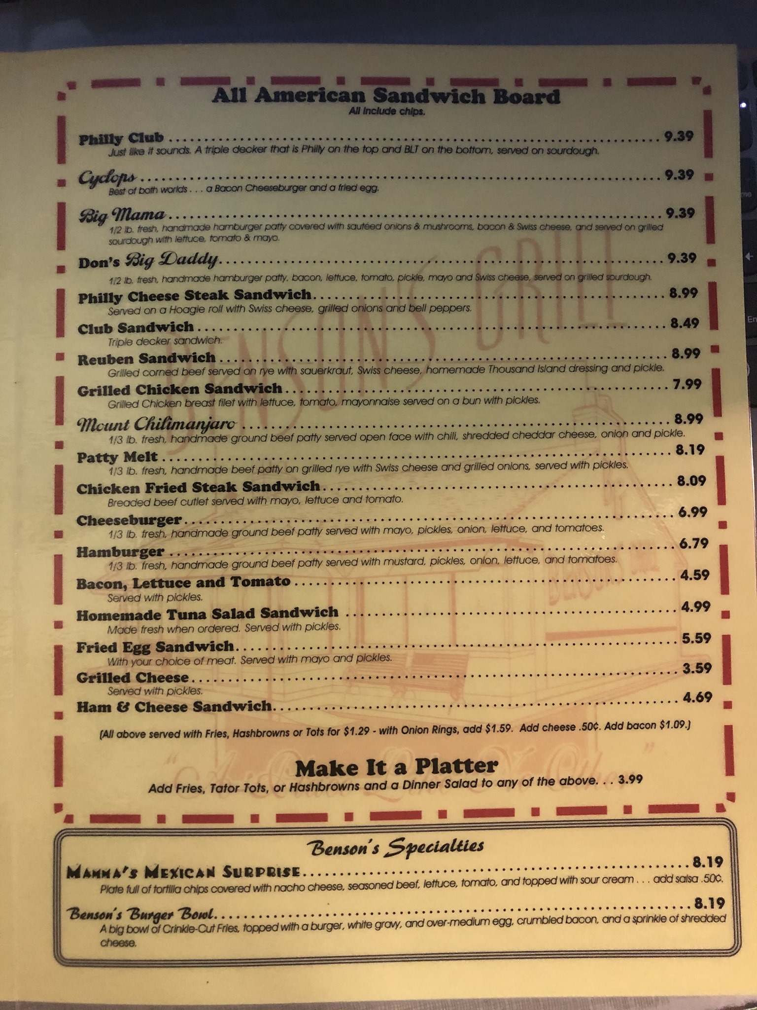 Bensons Grill Menu