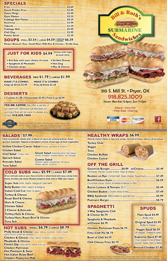 Bill & Ruths Subs and Burgers Pryor Menu