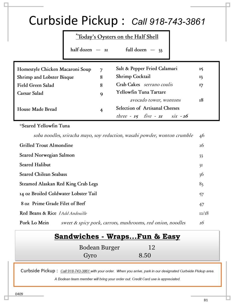 Bodean Menu