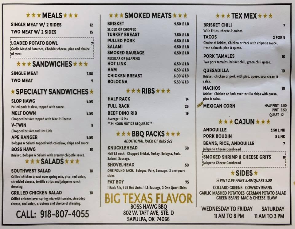 Boss Hawg BBQ Menu