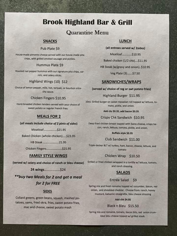 Brook Highland Bar & Grill Menu