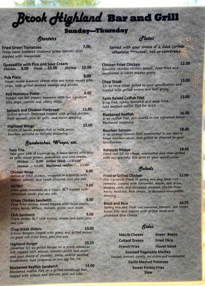 Brook Highland Bar & Grill Menu