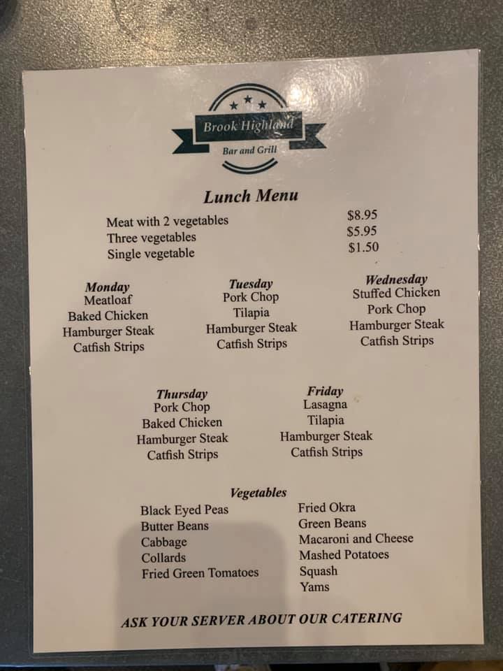 Brook Highland Bar & Grill Menu