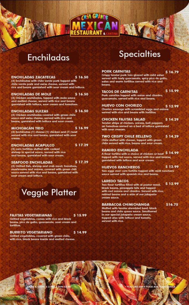 Casa Grande Mexican Restaurant Menu