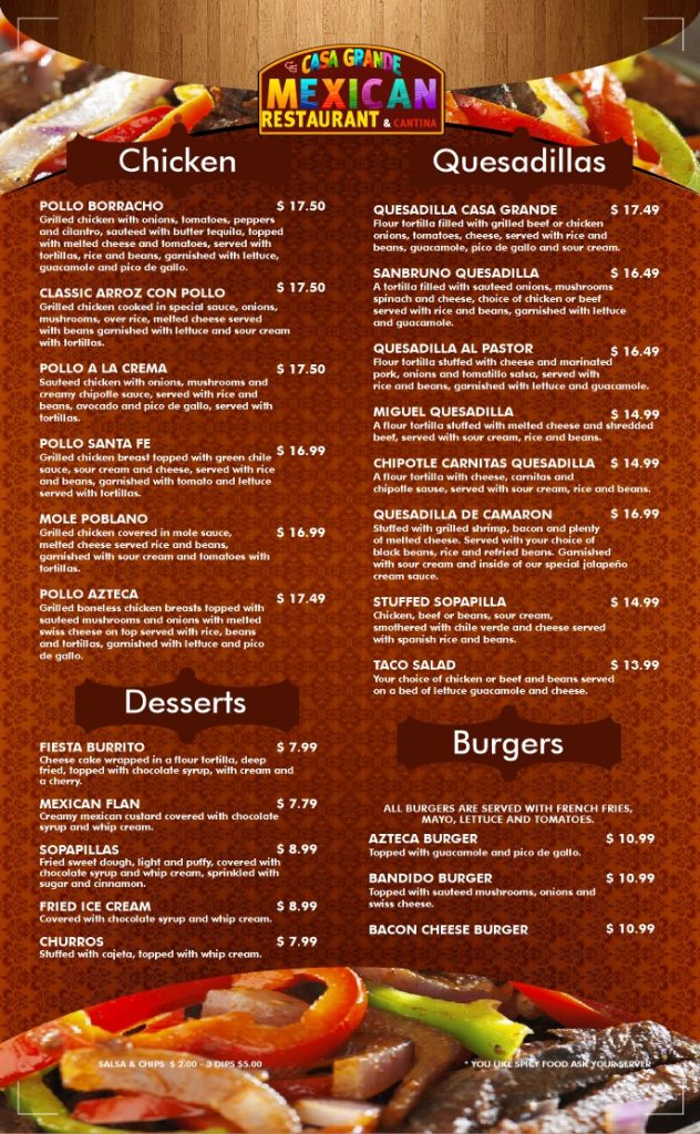 Casa Grande Mexican Restaurant Menu