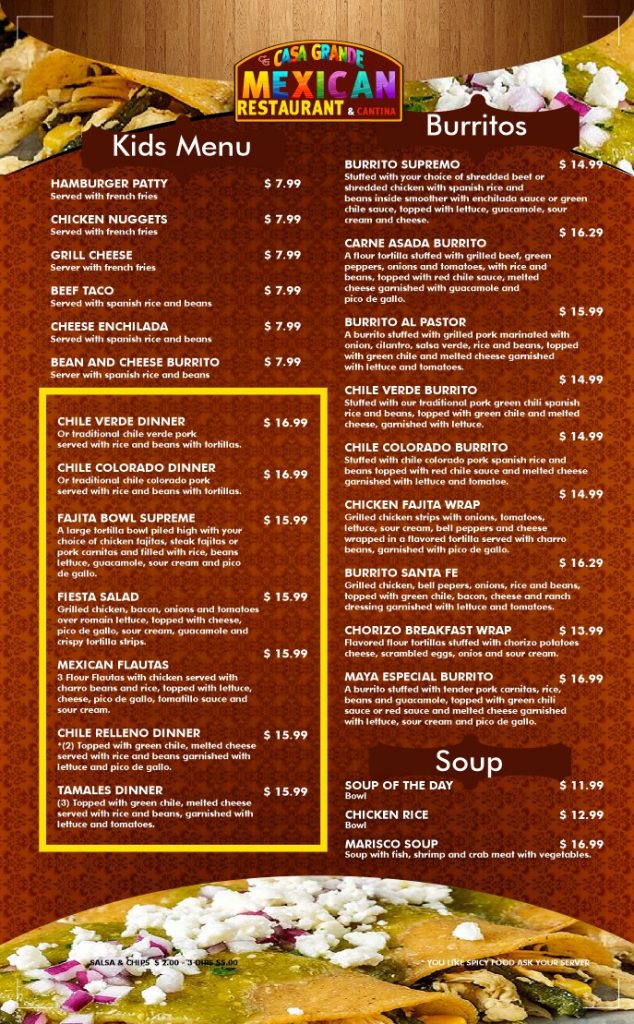 Casa Grande Mexican Restaurant Menu