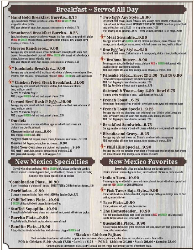 Chili Hills Restaurant Edgewood Menu