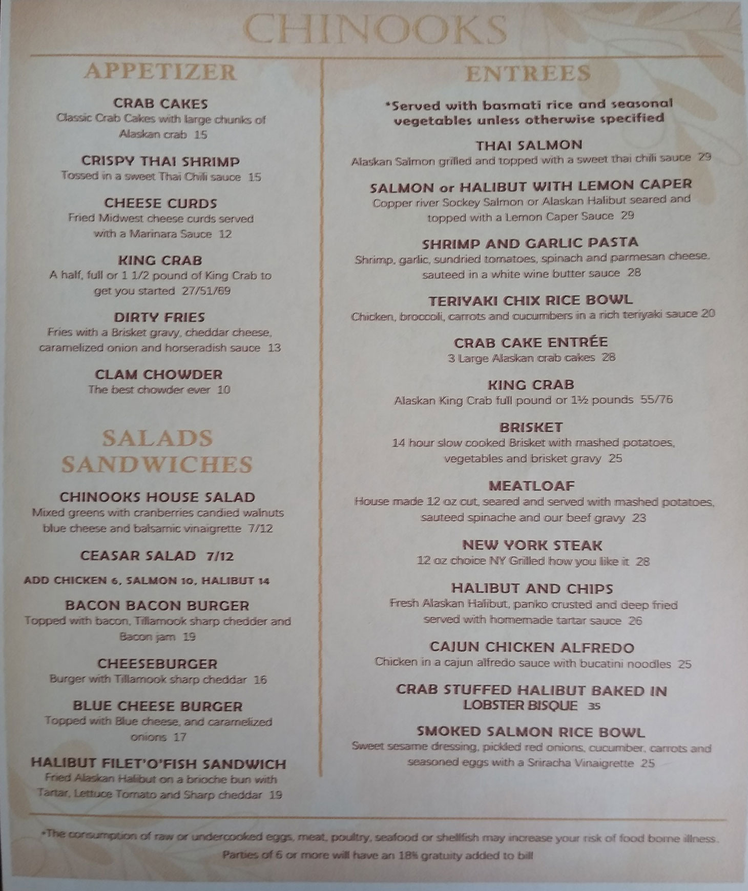 Chinooks Restaurant Menu