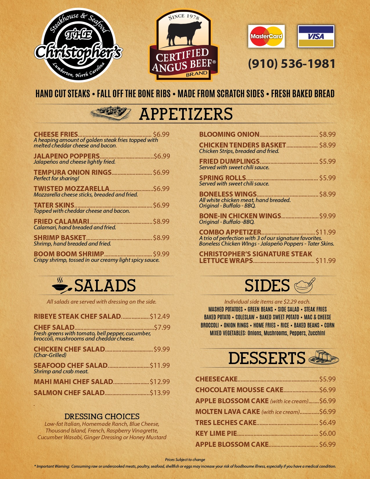 Christophers Steakhouse & Seafood Menu