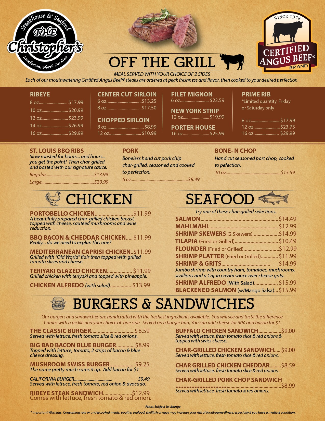 Christophers Steakhouse & Seafood Menu