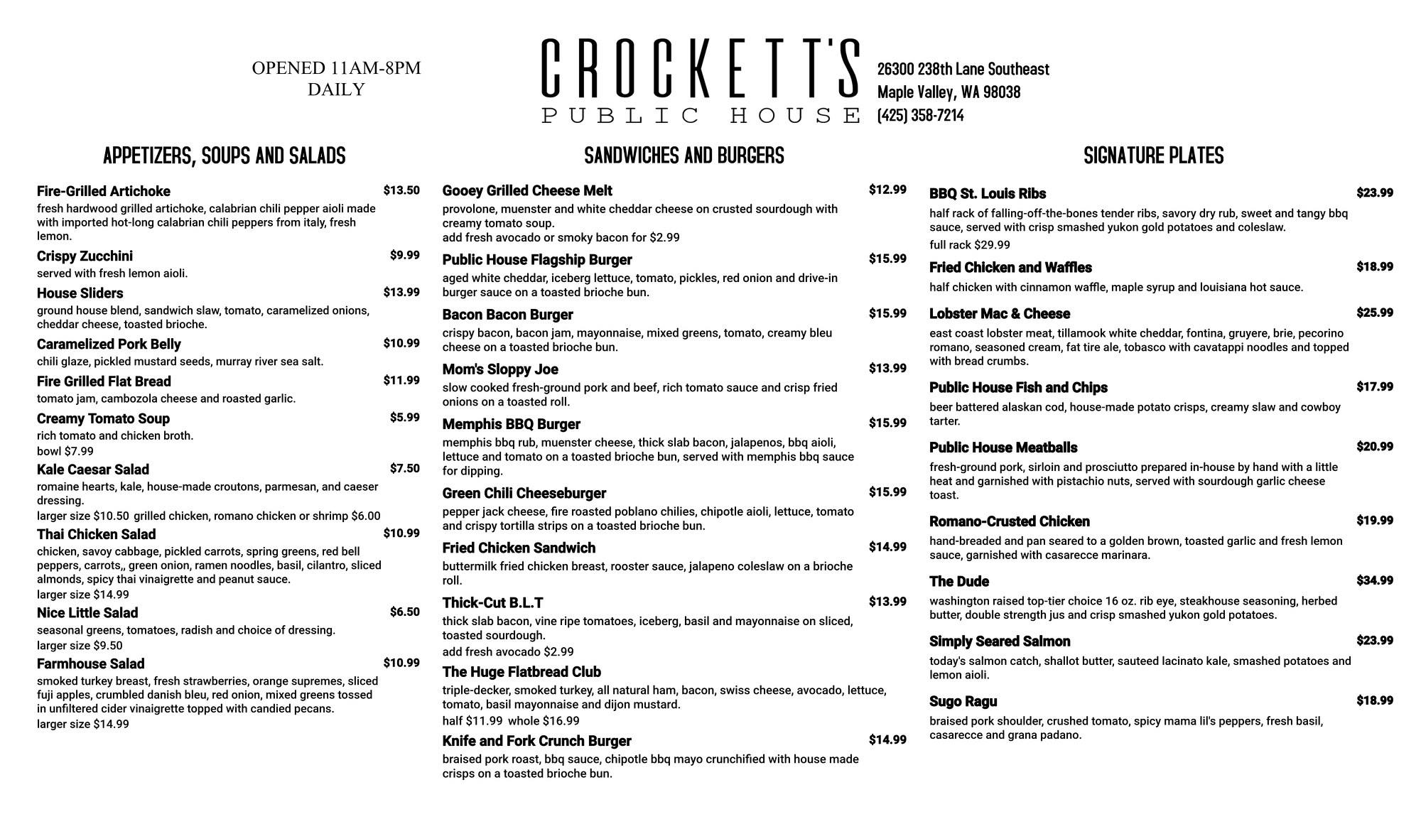 Crocketts Public House Menu