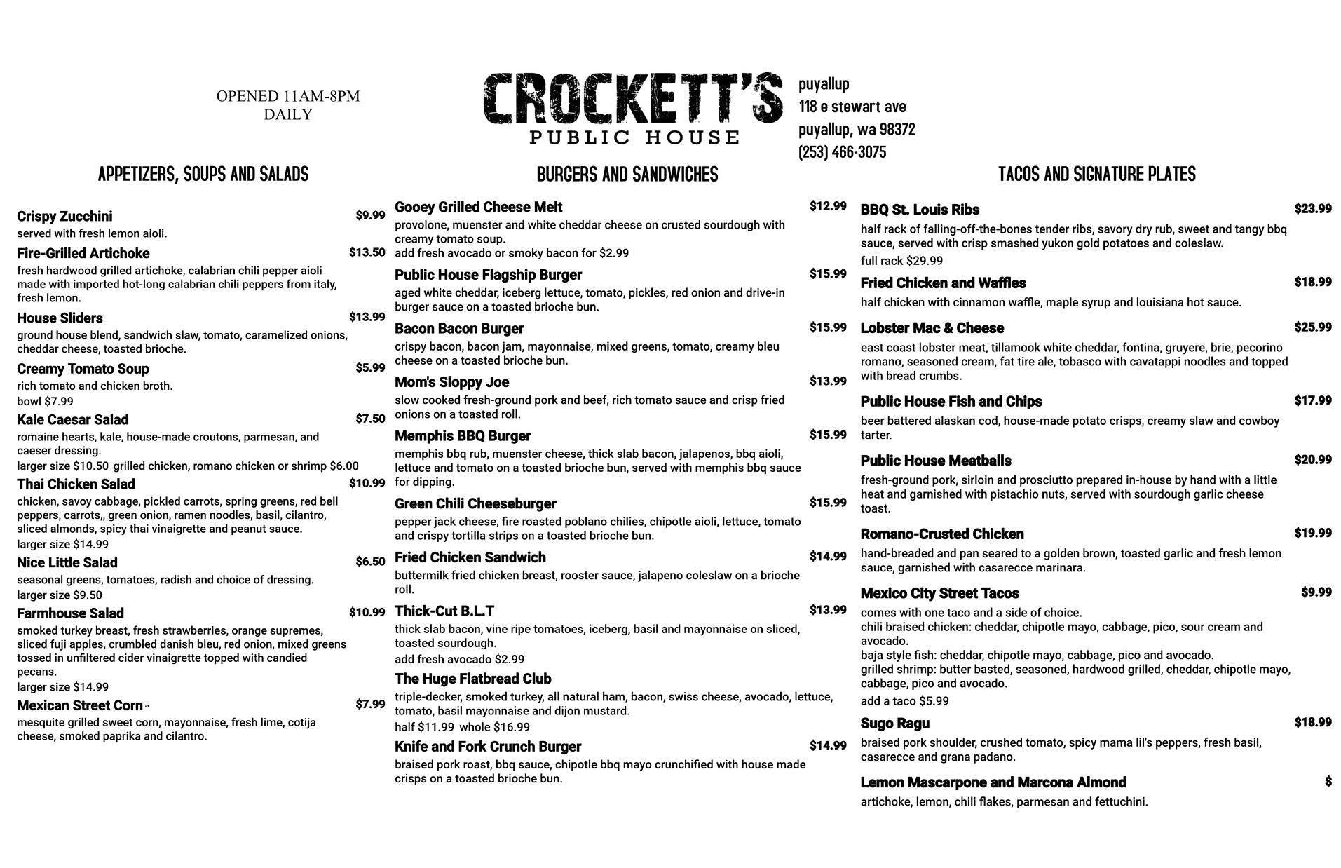 Crocketts Public House Menu