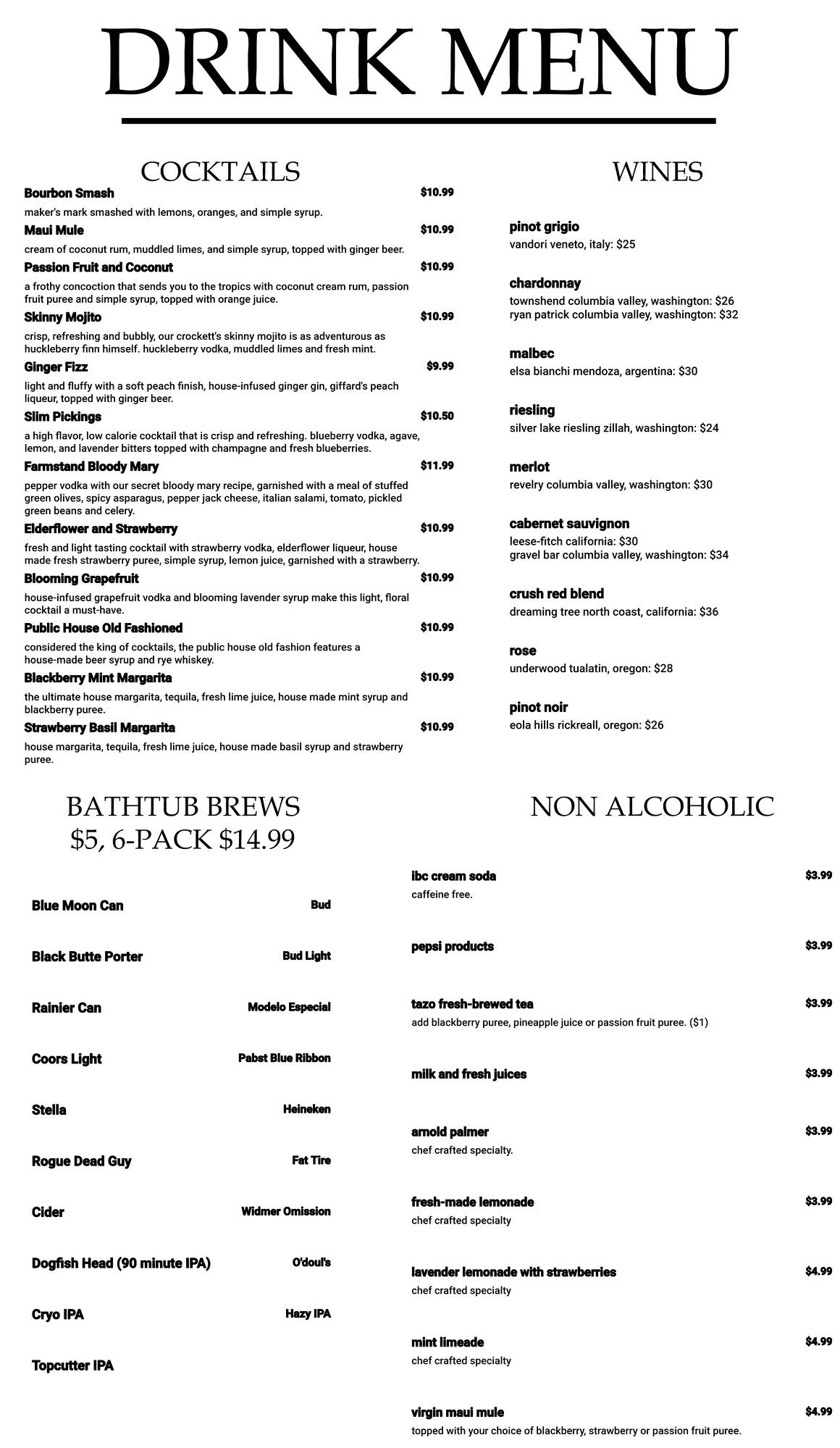 Crocketts Public House Menu