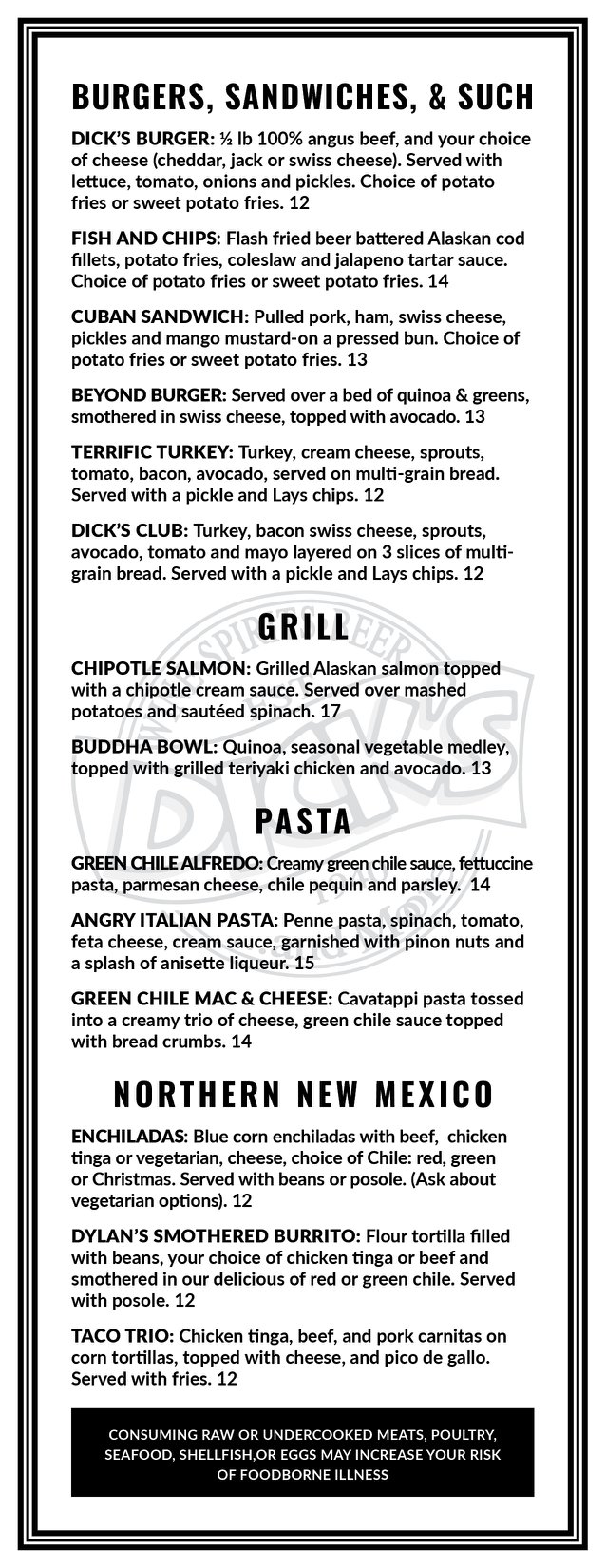 Dick’s Pub & Restaurant Menu