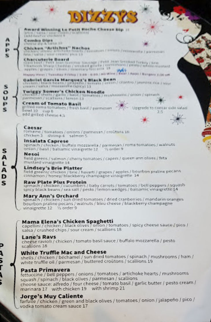 Dizzys Gypsy Bistro Menu