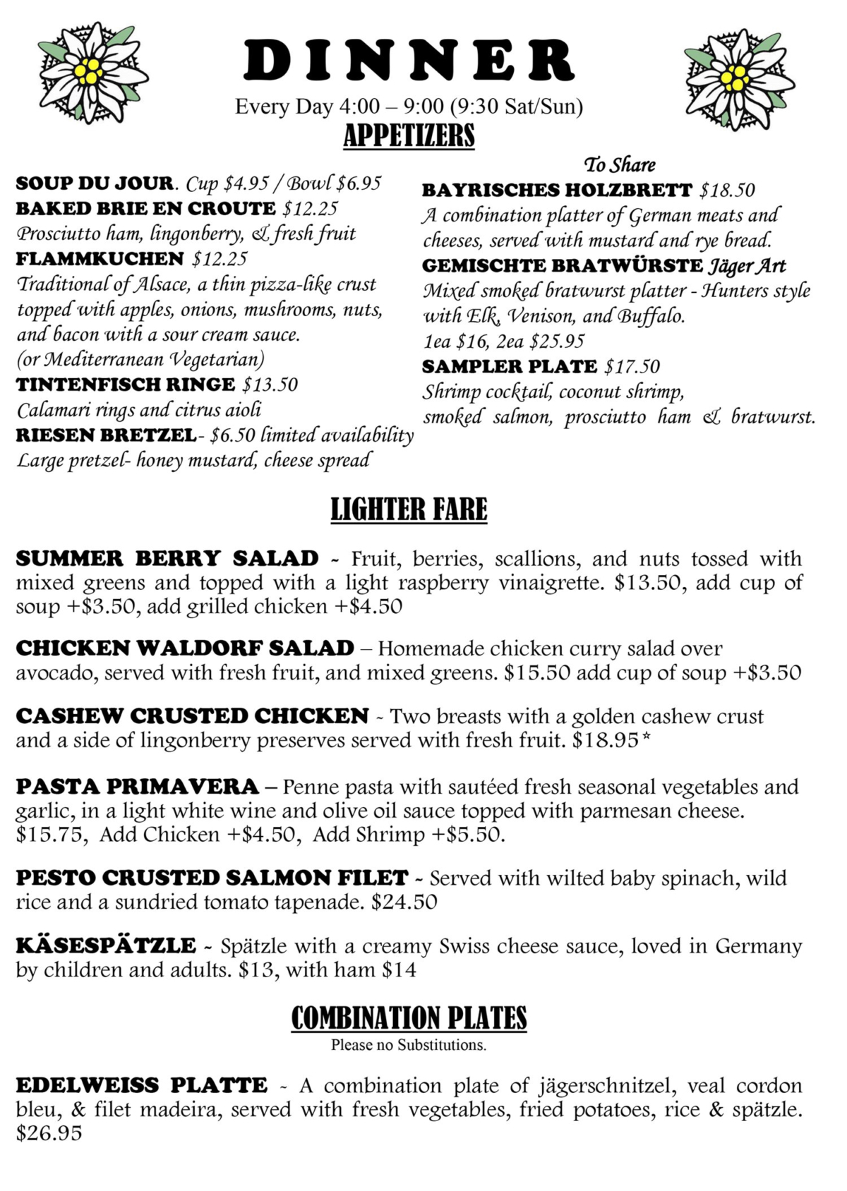 Edelweiss German Restaurant Menu