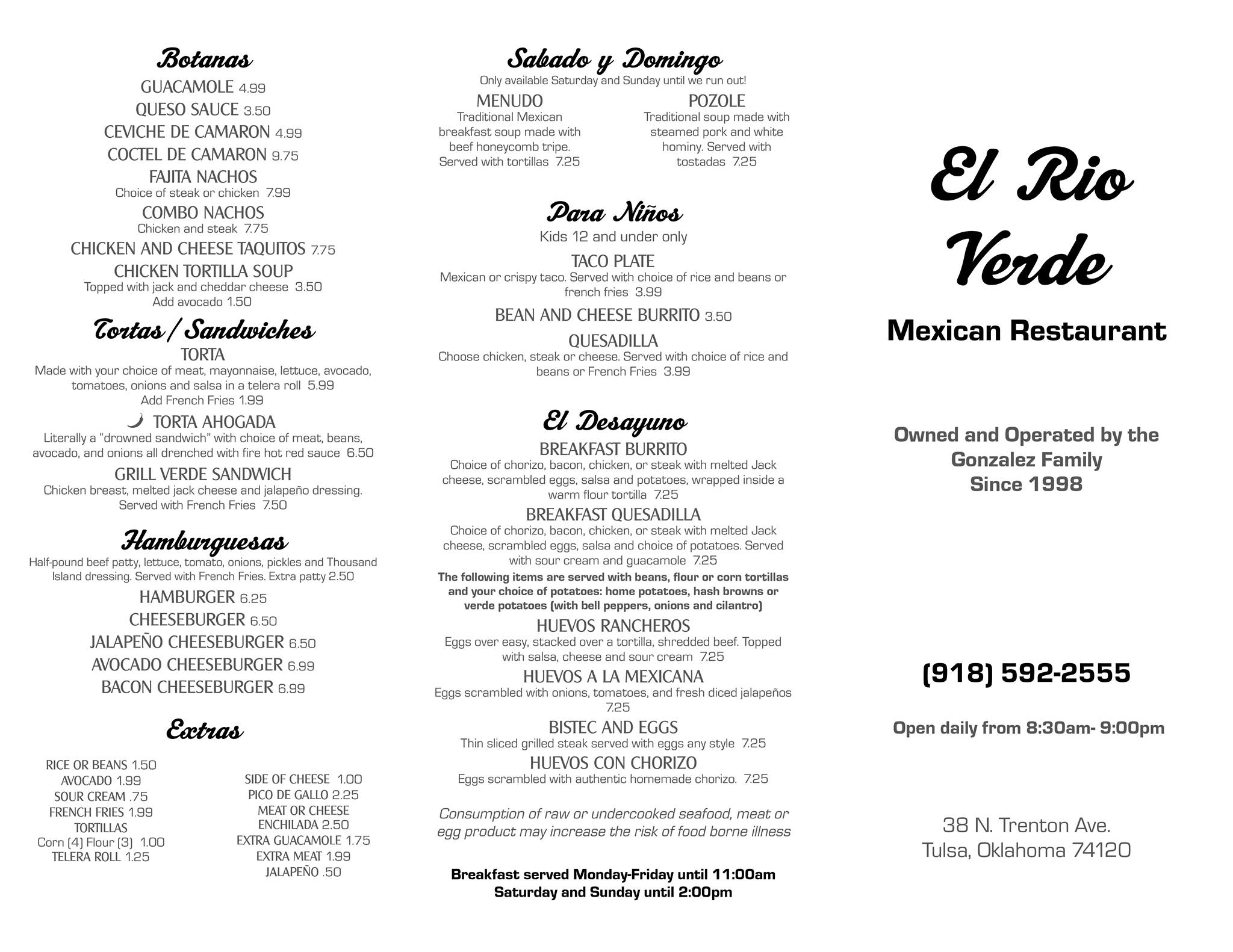 El Rio Verde Restaurant Menu