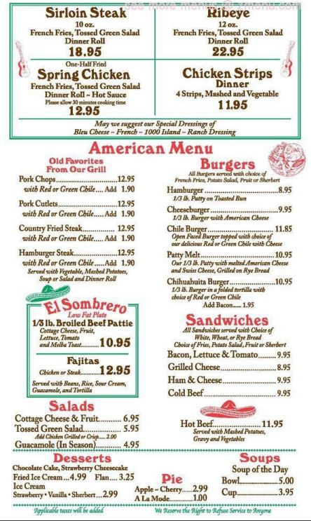 El Sombrero Restaurant Menu