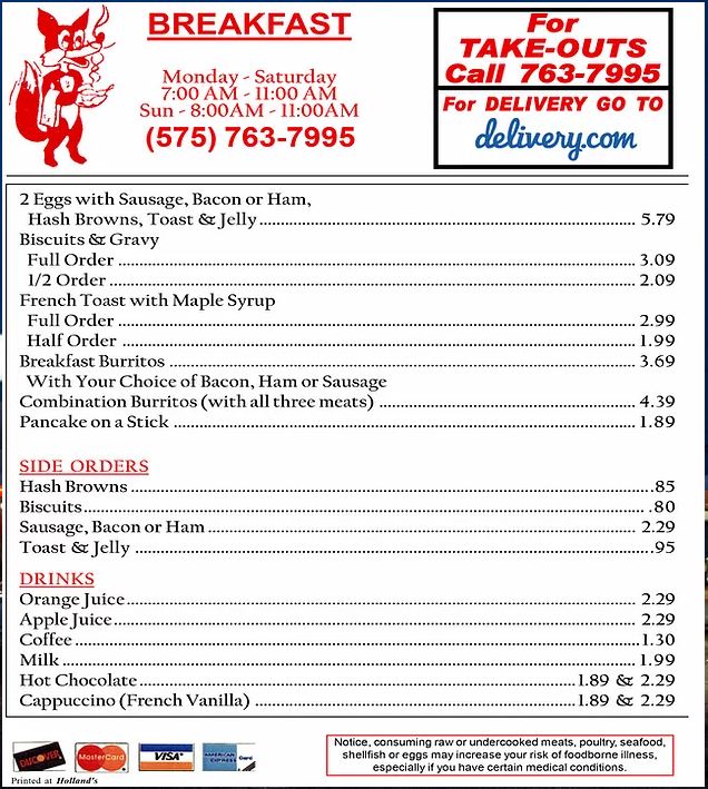 Foxys Drive In Menu