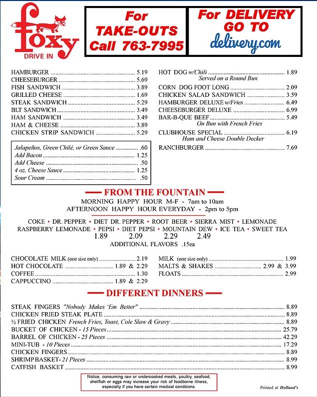 Foxys Drive In Menu