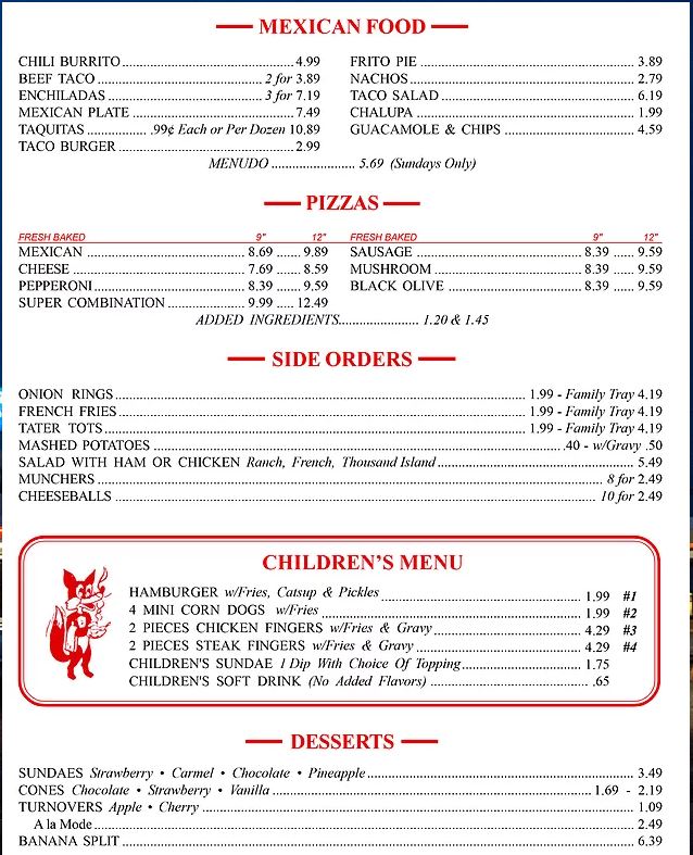 Foxys Drive In Menu