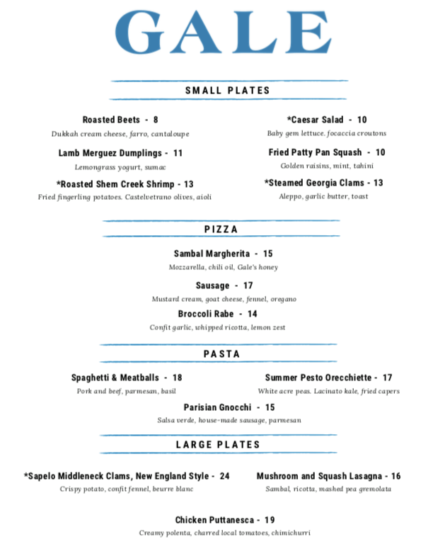 Gale Restaurant Menu