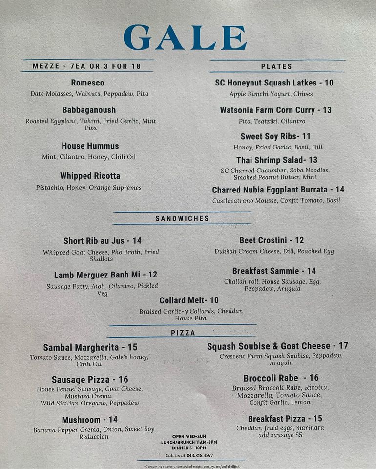 Gale Restaurant Menu