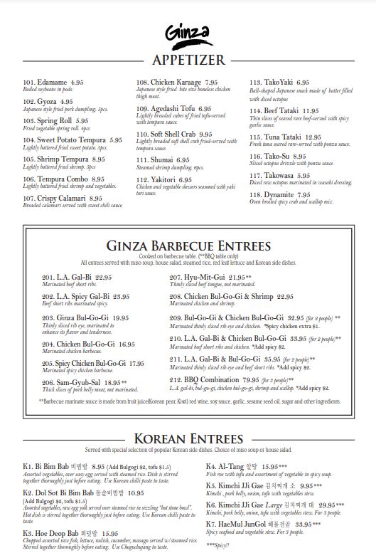 Ginza Sushi & Korean BBQ Menu