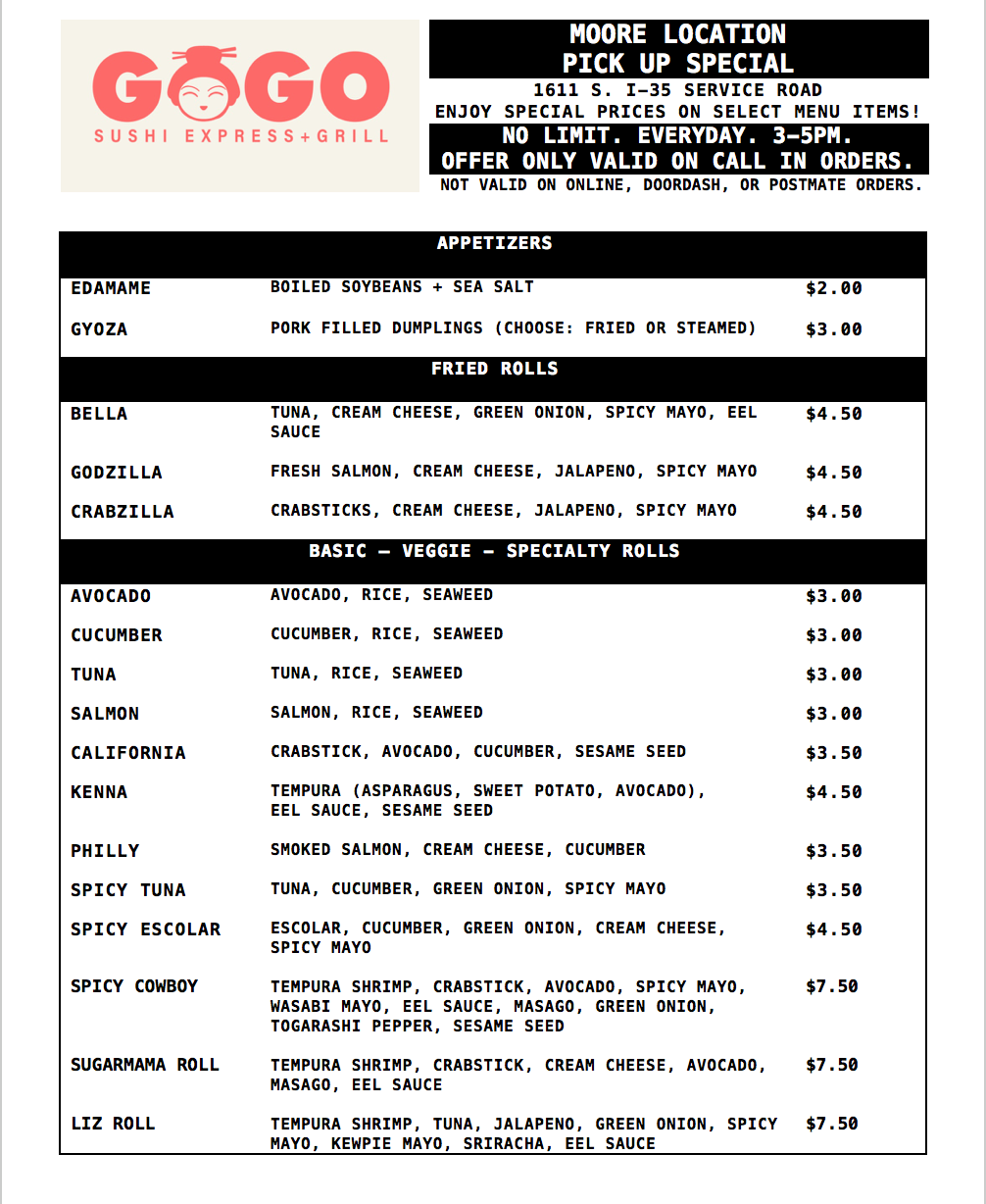 GoGo Sushi Menu