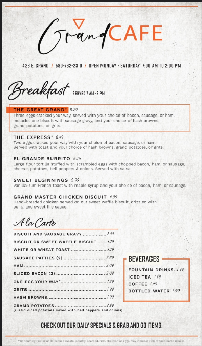 Grand Cafe Menu