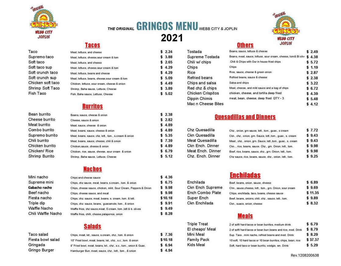 Gringos Menu