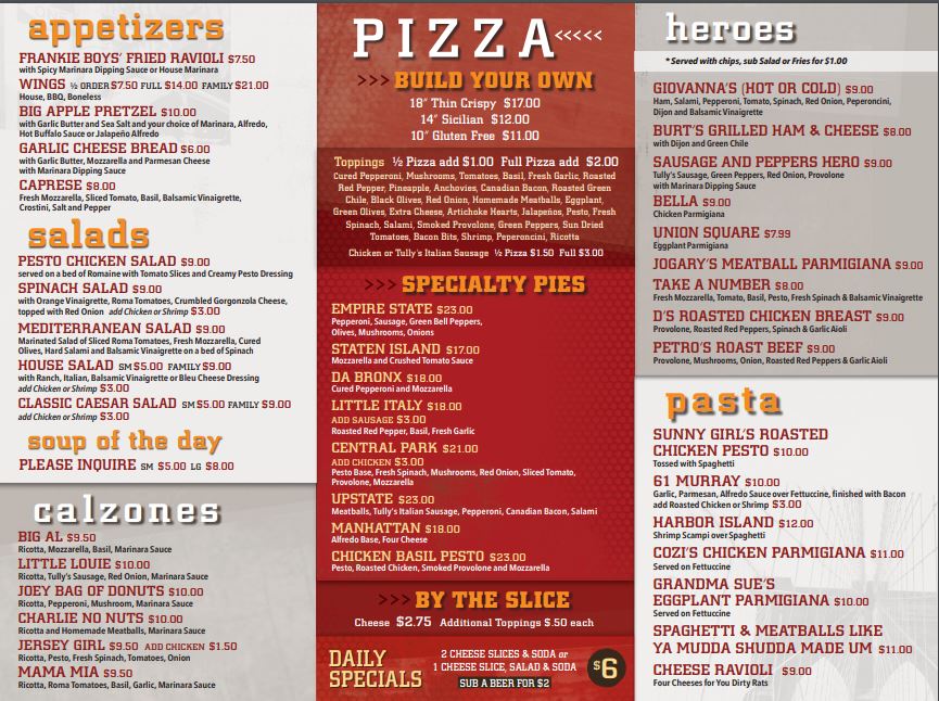 J Cs New York Pizza Department Menu