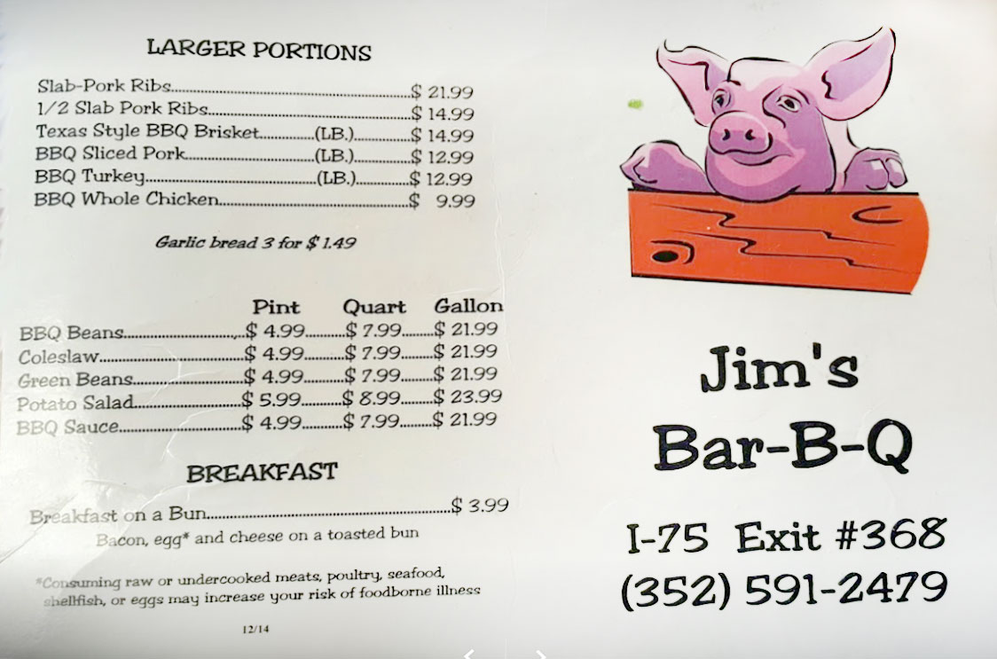 Jims Bar-B-Que Menu