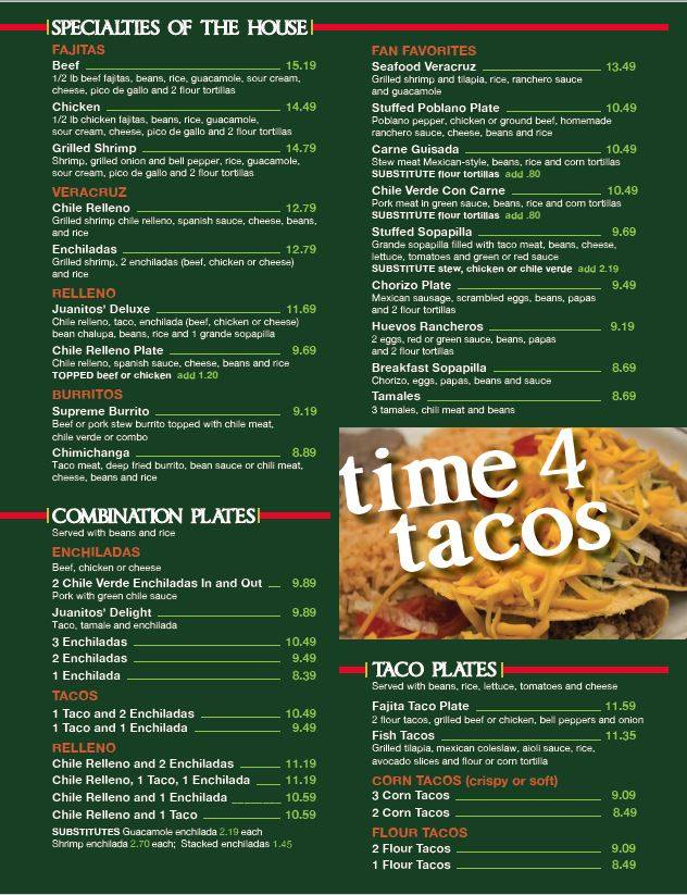 Juanitos Mexican Restaurant Menu