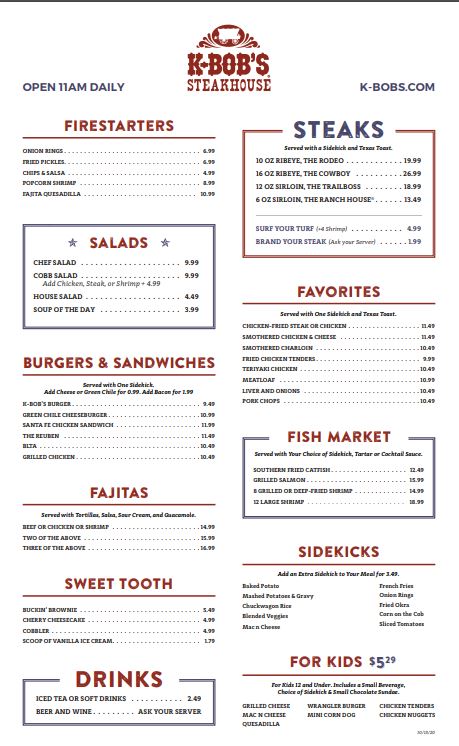 K-Bobs Steakhouse Menu