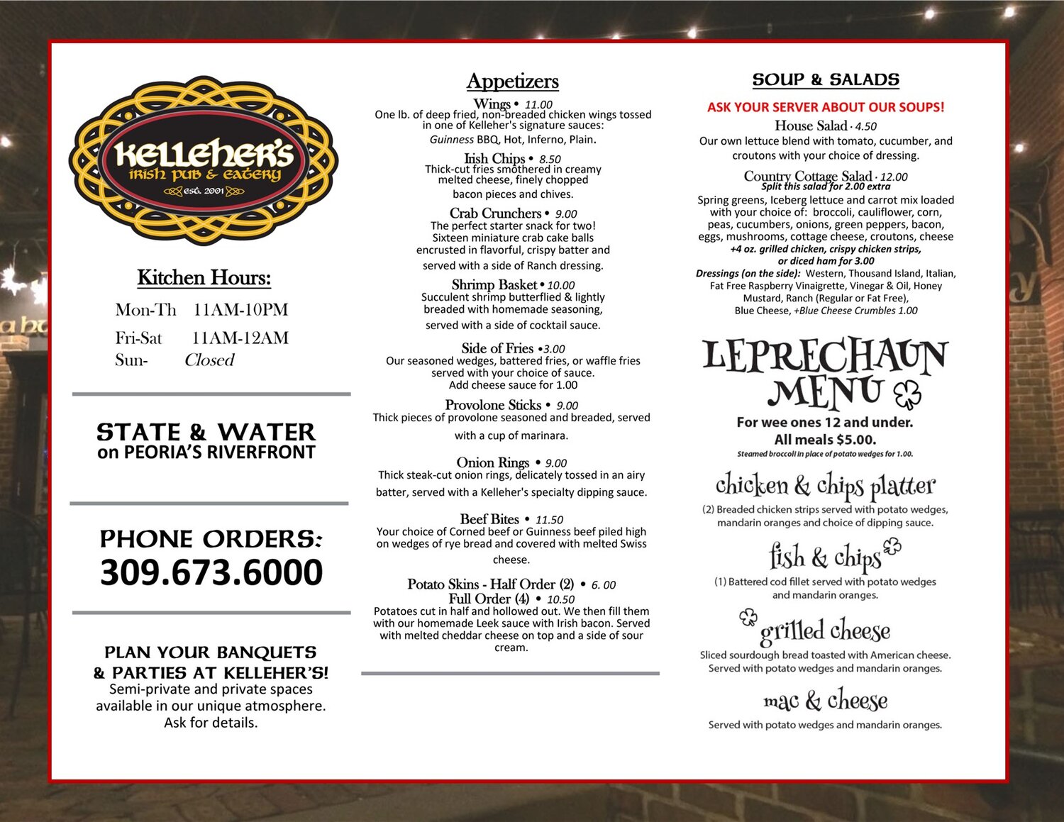 Kellehers Irish Pub & Eatery Menu