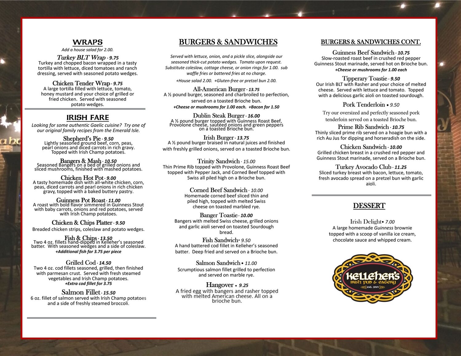 Kellehers Irish Pub & Eatery Menu