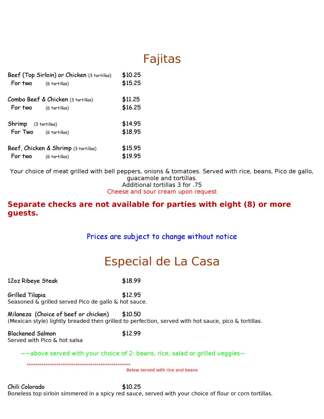 La Casita De Martin Menu