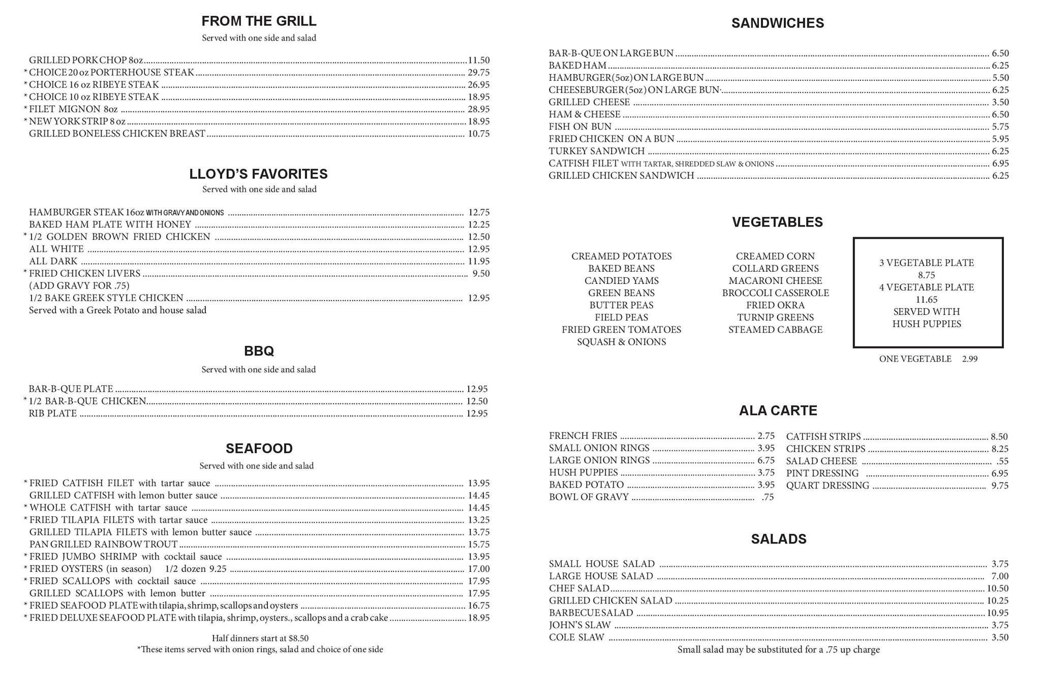 Lloyds Restaurant Menu