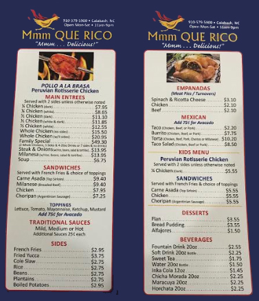 MMM Que Rico Menu