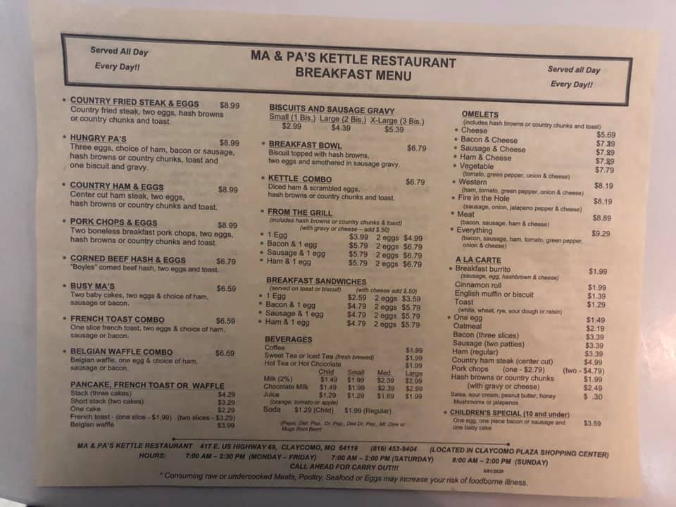 Ma & Pas Kettle Restaurant Menu