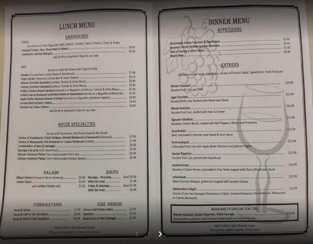 Margarets German Restaurant Menu